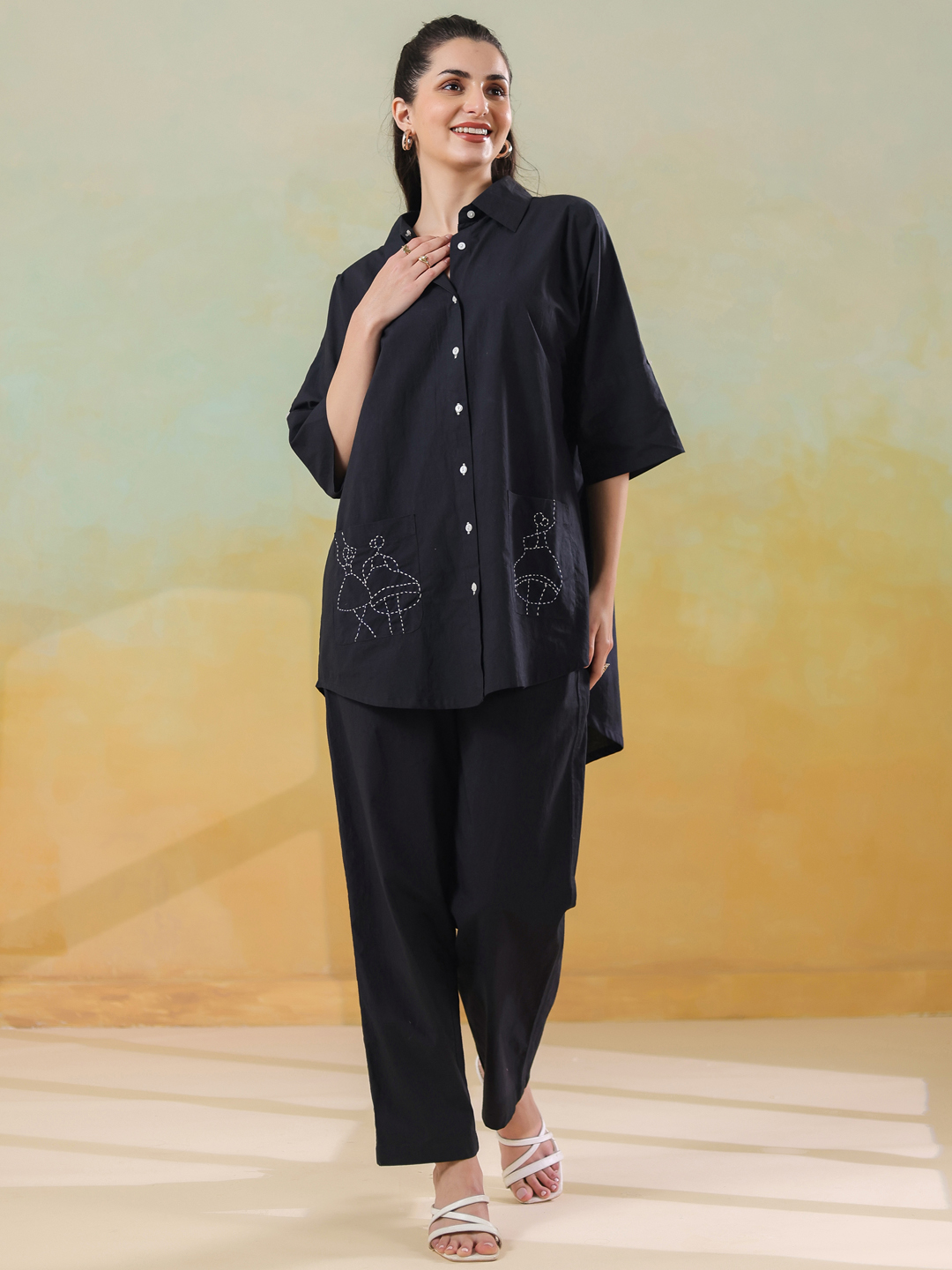 Black Shirt Collar Solid Pure Cotton Co-Ord Set For Women