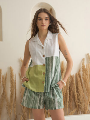 White V-Neck Solid Pure Cotton Co-Ord Set For Women