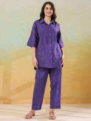 Purple Shirt Collar Solid Pure Cotton Co-Ord Set For Women