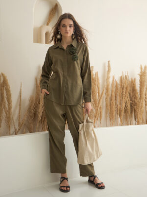 Olive Shirt Collar Solid Pure Cotton Co-Ord Set For Women