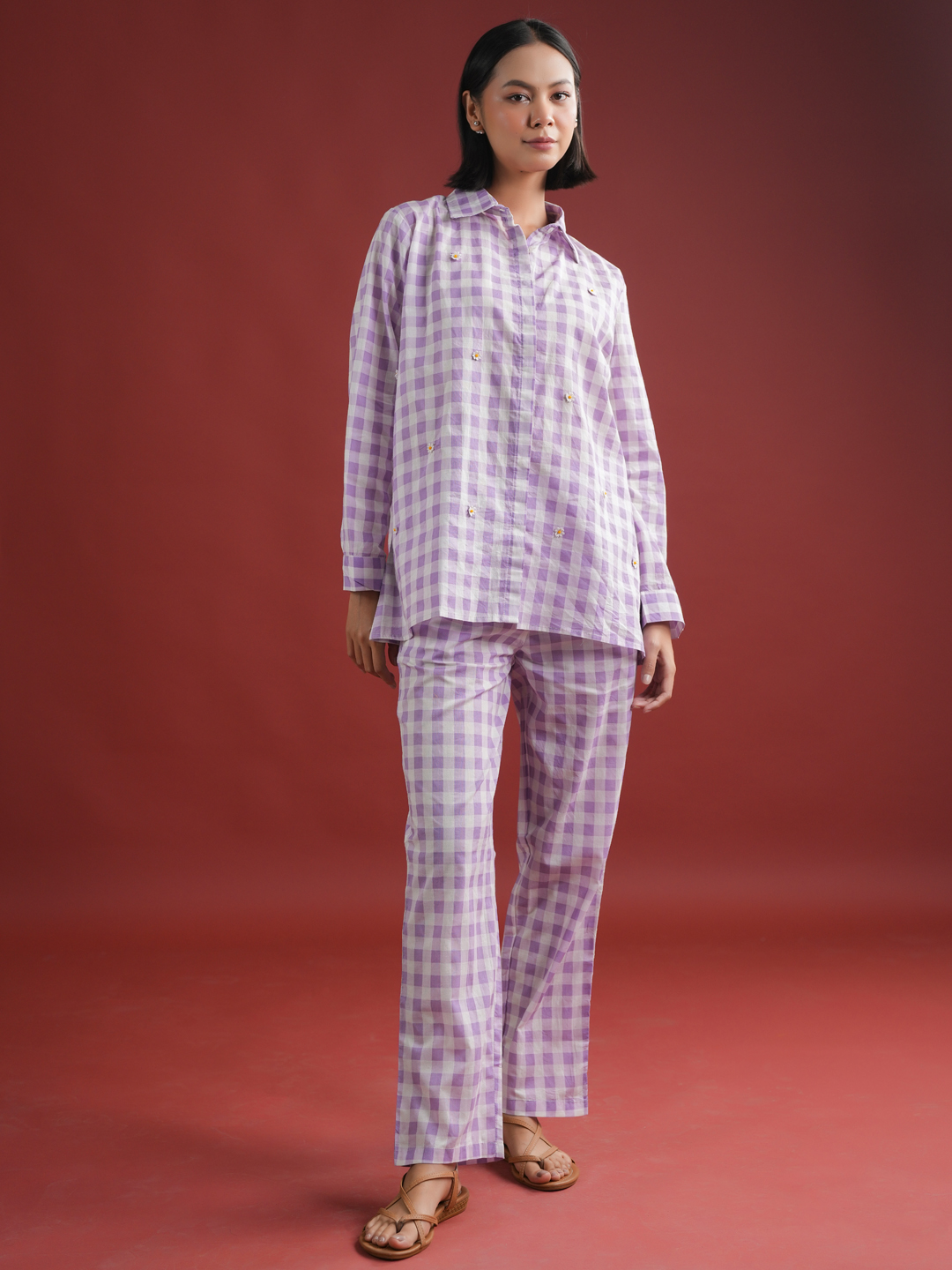 Purple Shirt Collar Checked Pure Cotton Co-Ord Set For Women