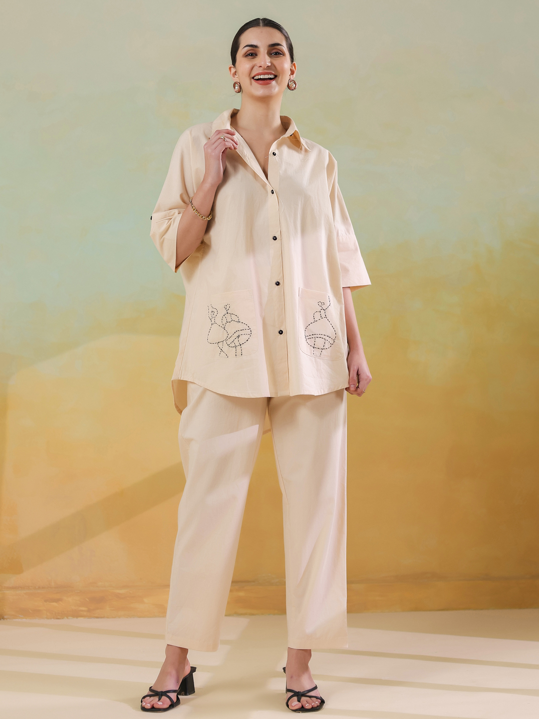Cream Shirt Collar Solid Pure Cotton Co-Ord Set For Women