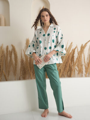 Green V-Neck Printed Polyester Co-Ord Set For Women