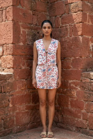 White V-Neck Printed Pure Cotton Co-Ord Set For Women