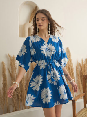Blue V-Neck Floral Pure Cotton Dress For Women