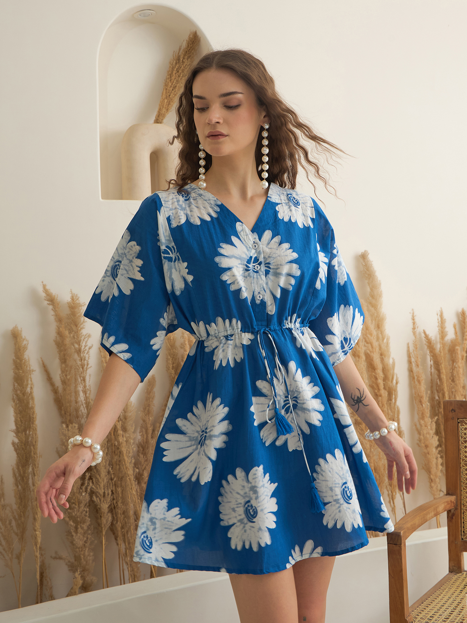 Blue V-Neck Floral Pure Cotton Dress For Women