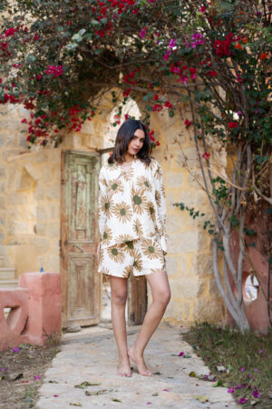 Tan Floral Print Square Neck Cotton Dress For Women