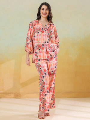Lavender V-Neck Floral Print A-Line Cotton Dress For Women