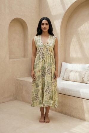 Yellow V-Neck Ethnic Motifs Silk Blend Dress For Women