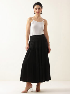 Black Solid Flared Pure Cotton Skirt For Women