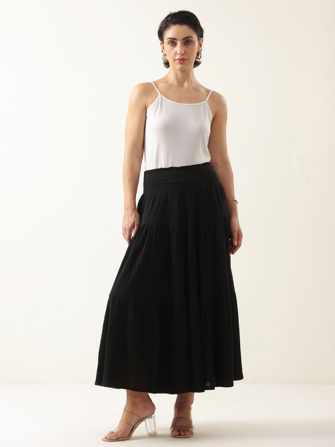 Black Solid Flared Pure Cotton Skirt For Women