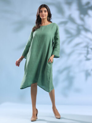 Green Solid Linen Round Neck Dress For Women