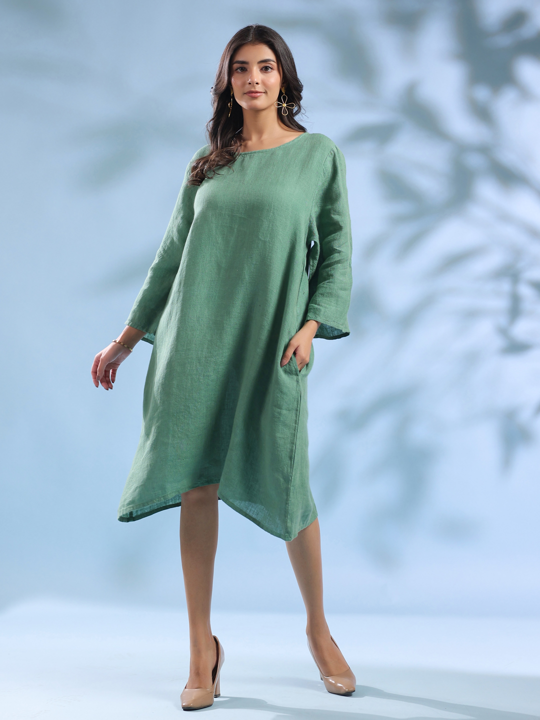 Green Solid Linen Round Neck Dress For Women