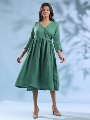 Green Solid Linen V-Neck Dress For Women