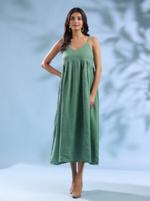 Green Dyed Linen V-Neck Dresses For Women