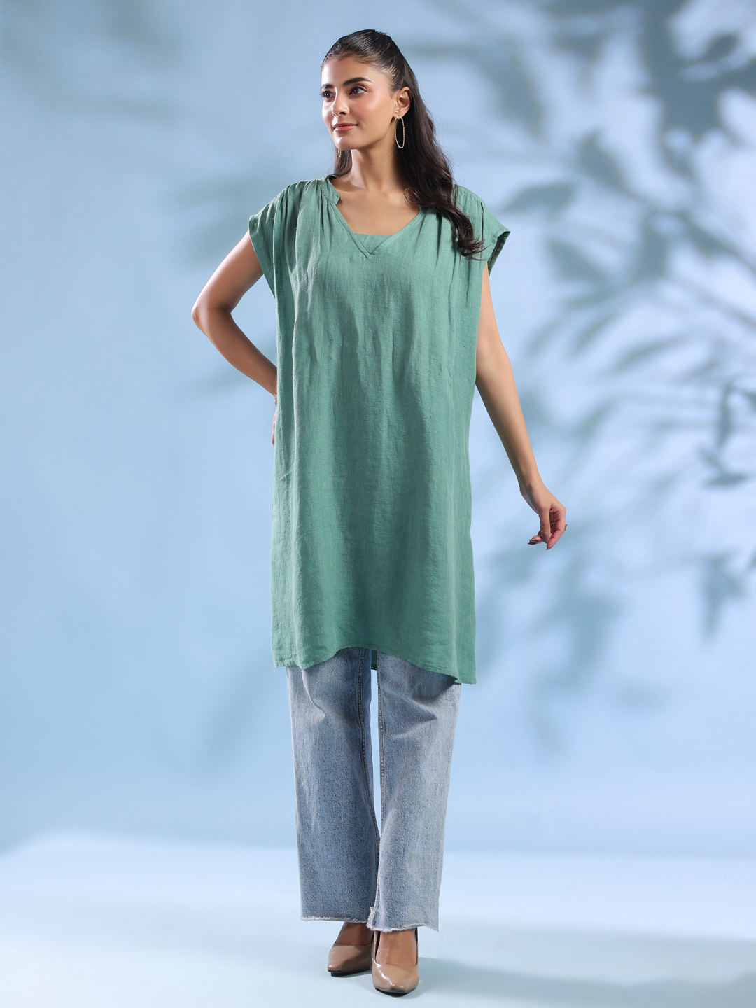 Green Solid Print Linen V-Neck Dresses For Women
