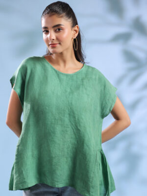 Green Solid Linen Round Neck Top For Women
