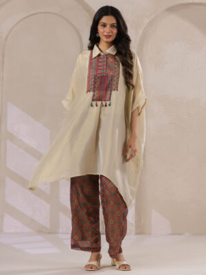 Cream Solid Cotton Shirt Collar Flared Cotton Dress For Women