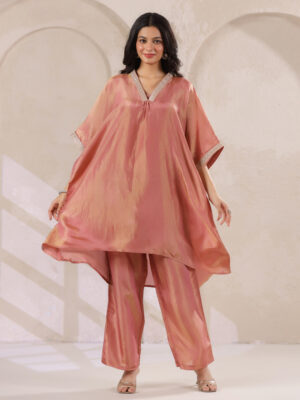 Pink Round Neck Striped Flared Cotton Dress For Women