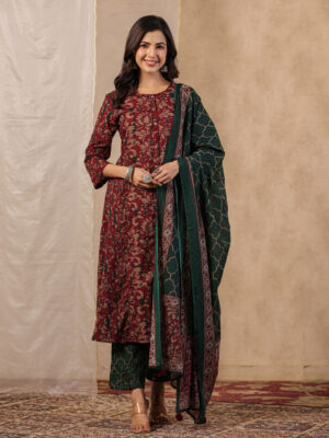 Maroon & Green Print Cotton Set of Kurta With Pant & Dupatta
