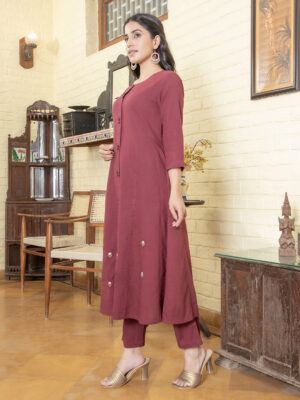 Burgundy Floral Ptint Three Piece Cotton Kuta Set For Women