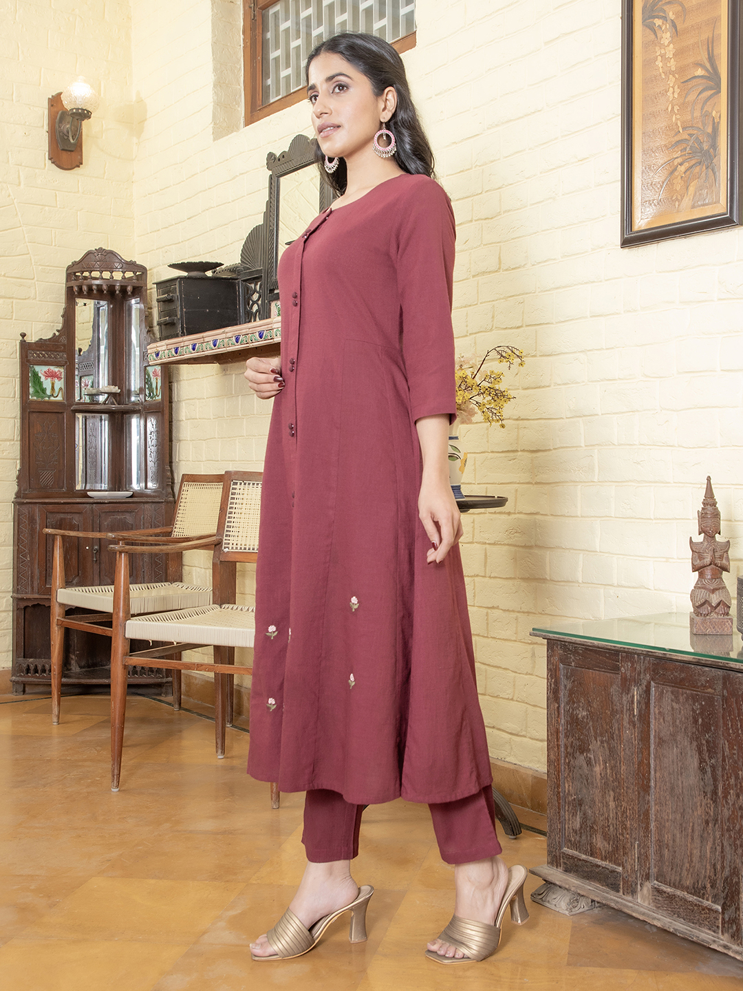Burgundy Floral Ptint Three Piece Cotton Kuta Set For Women