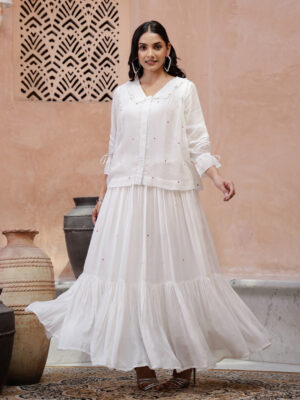Off White V-Neck Solid Print Kurta Set For Women