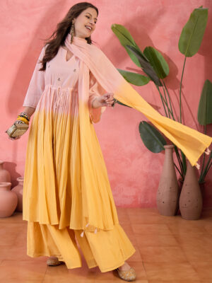 Yellow Solid Print Cotton Kurta Set with Dupatta