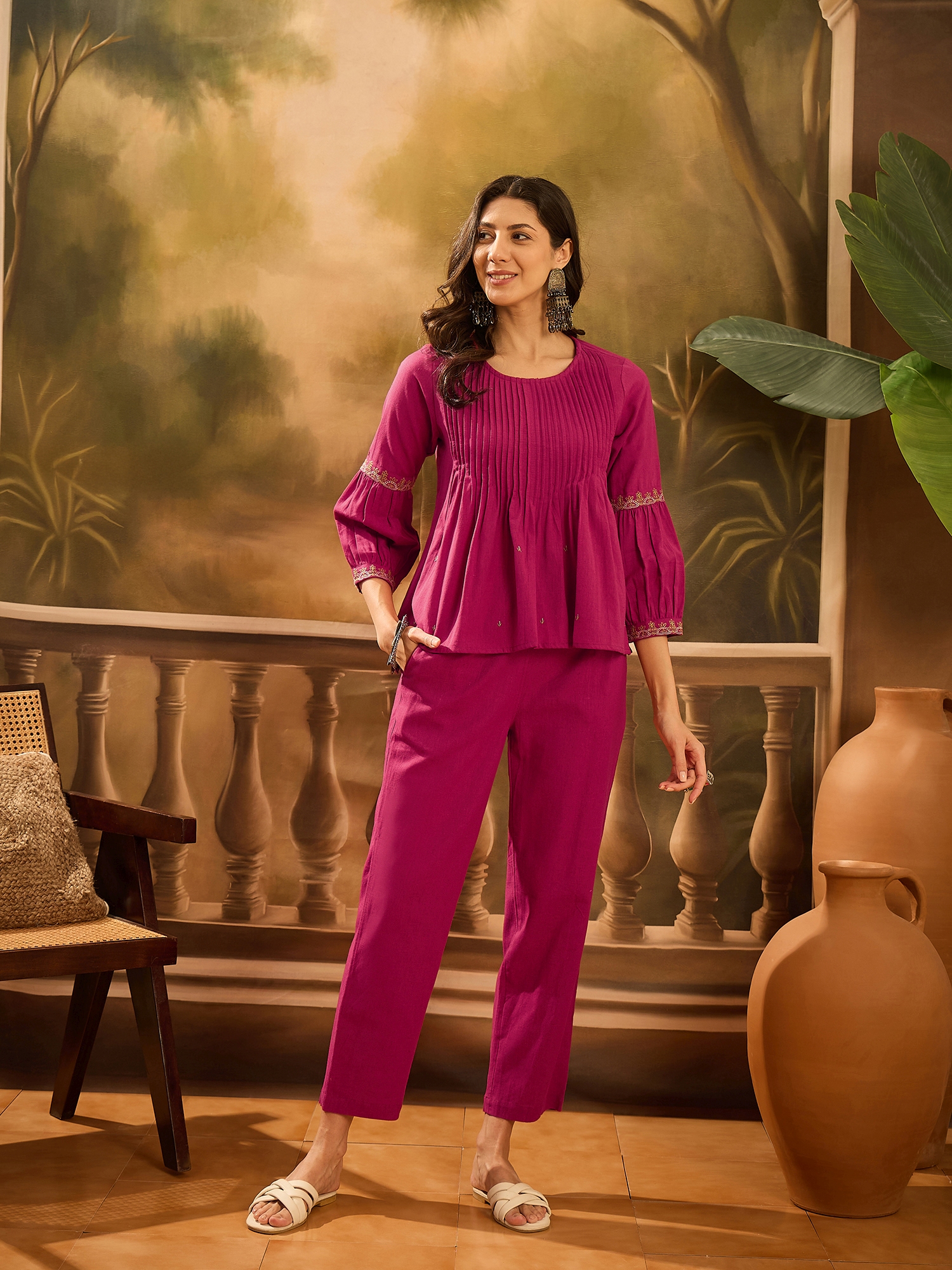 Pink Solid Printex Design Kurta Set for Women