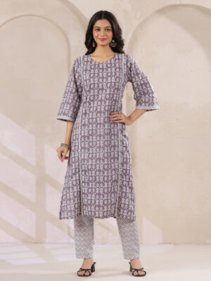 Grey Round Neck Floral Print Cotton Kurta Set With Dupatta For Women
