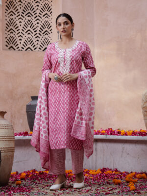 Pink Floral Printed Kurta Set with Dupatta