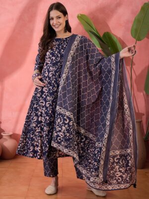 Blue Floral Printed Cotton Kurta Set for Women