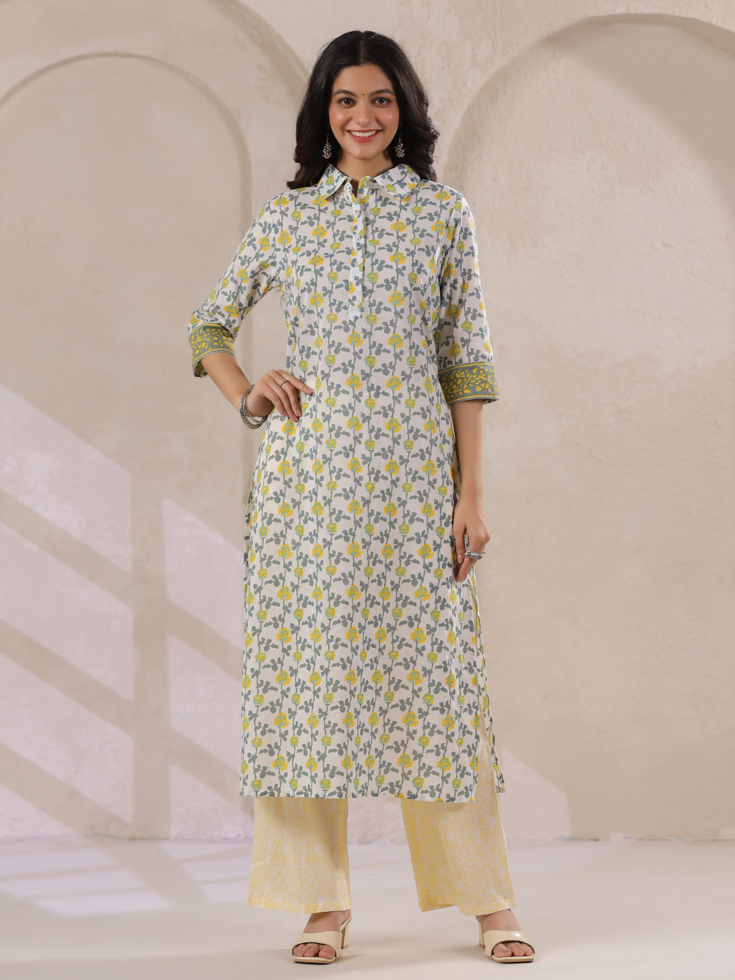 Off White Shirt Collar Floral Print Cotton Kurta Set With Dupatta