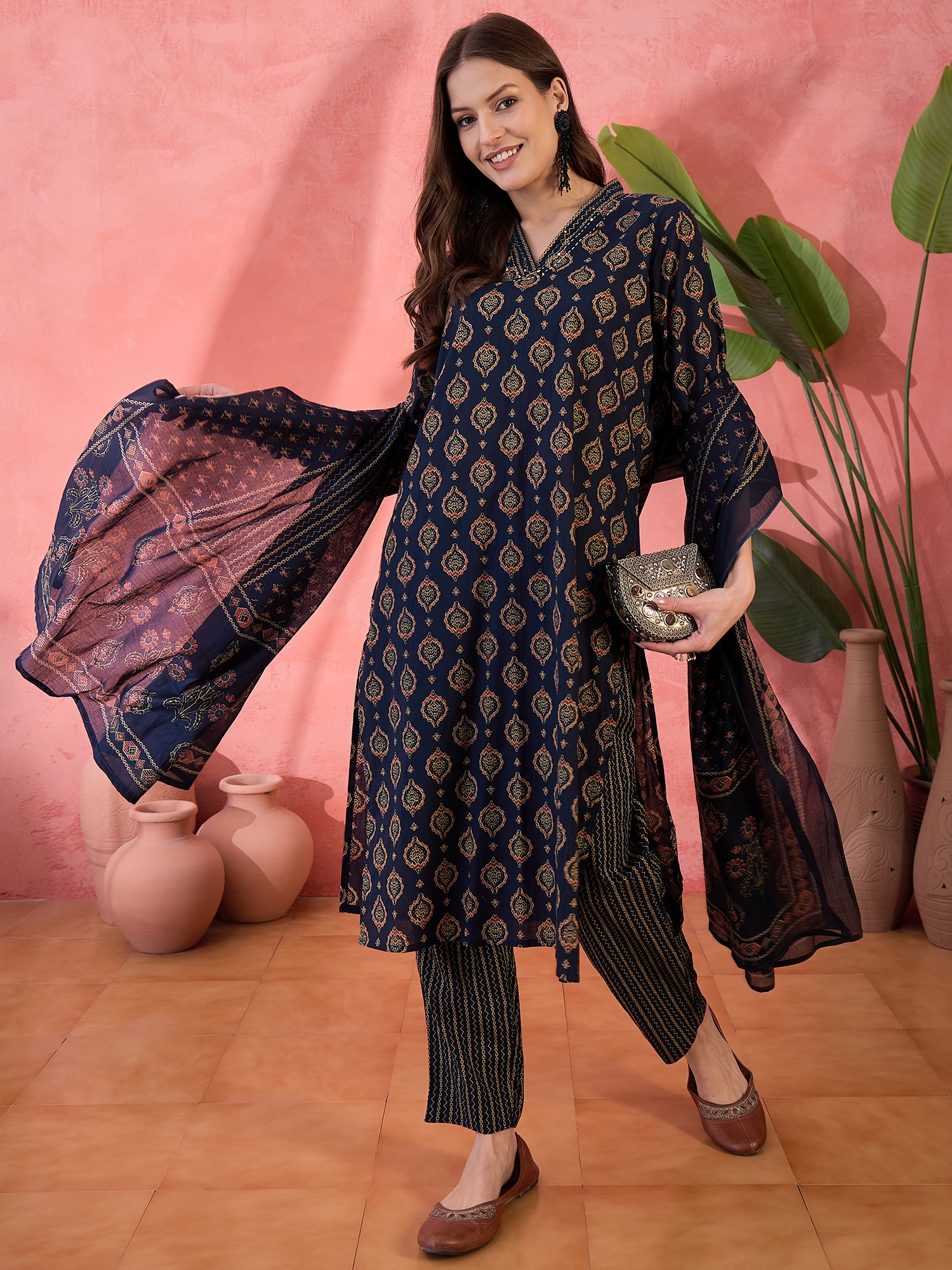 Navy Blue Ethnic motifs Printed Cotton Kurta Set for Women