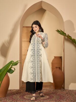 Off White Printed Mandarin Collar Pure Cotton Kurta Set for Women