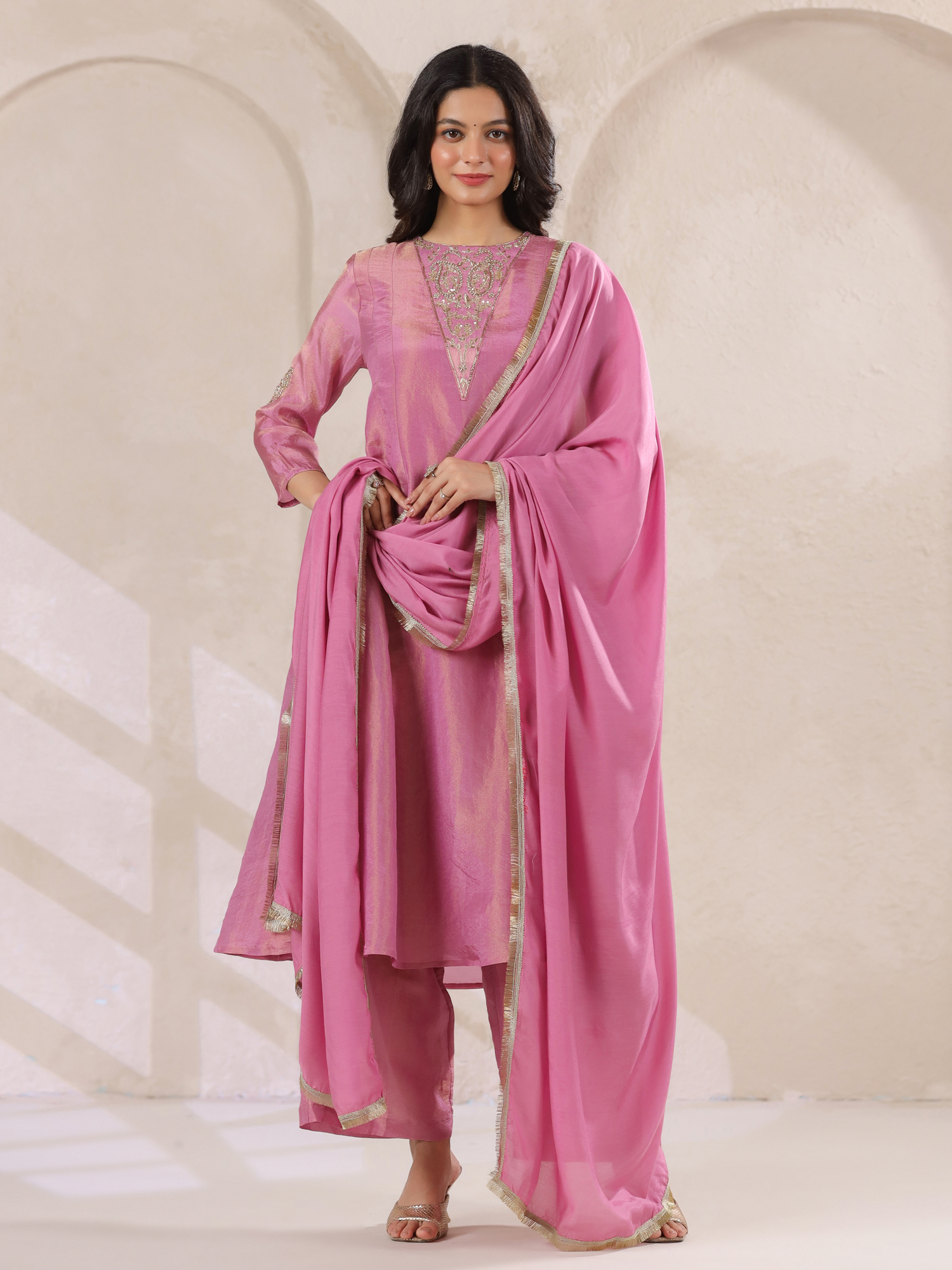 Pink Tissue Round Neck Kurta Set with Embroidered for Women