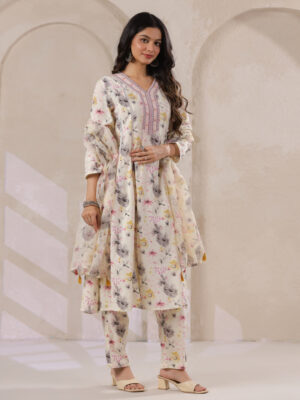 Off-White Cotton Floral Printed Anarkali Kurta with Dupatta Set