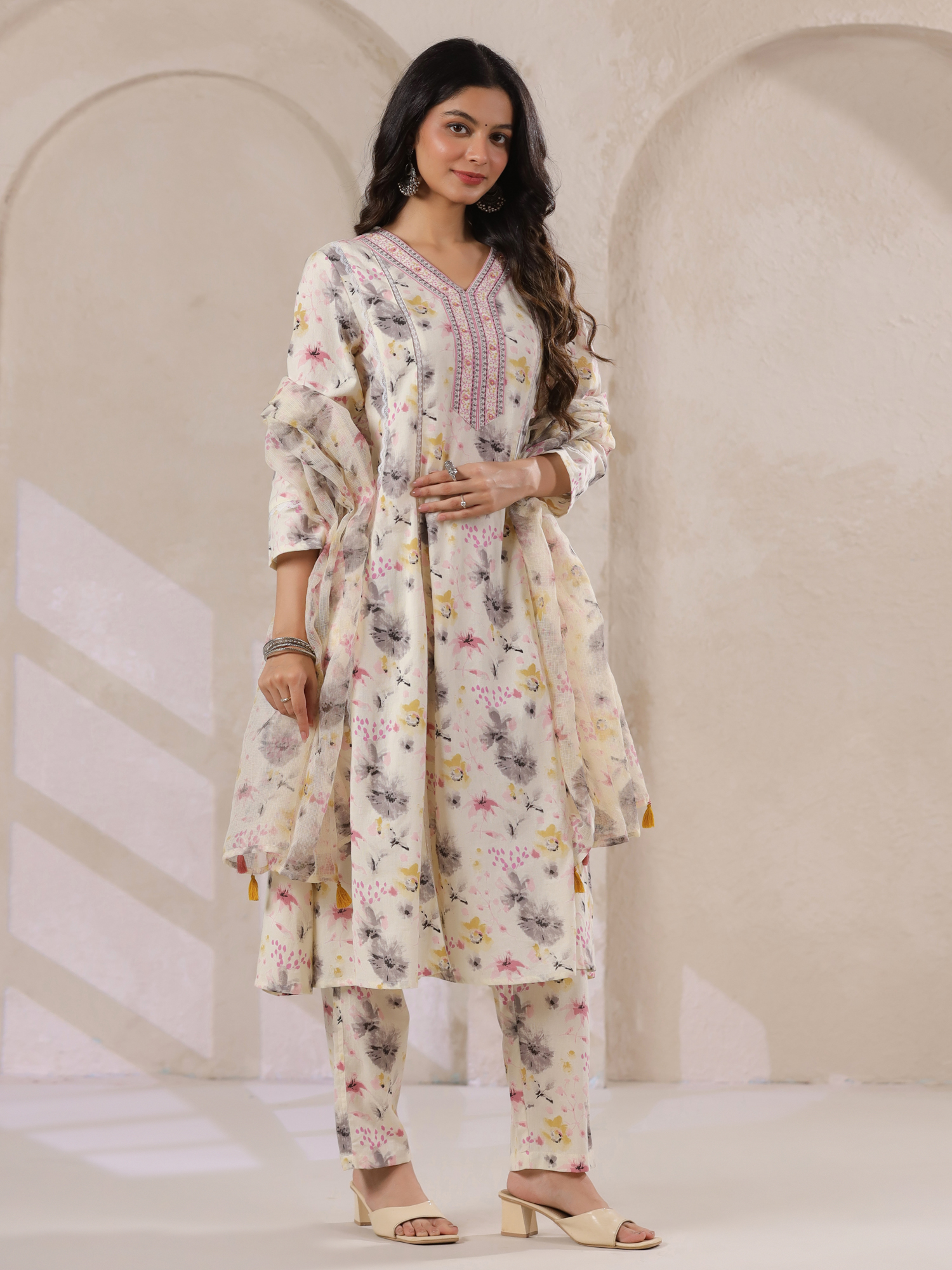 Off-White Cotton Floral Printed Anarkali Kurta with Dupatta Set