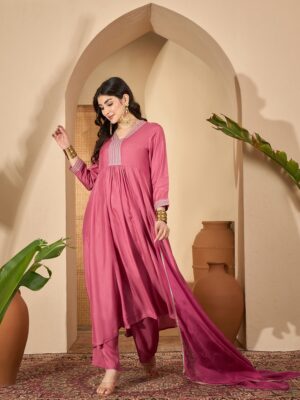 Pink Printed V-Neck Art Silk Kurta Set for Women
