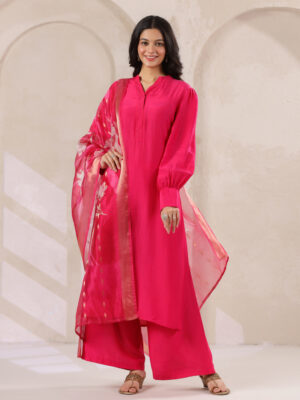 Pink Straight Kurta with Palazzo Pants and Printed Dupatta