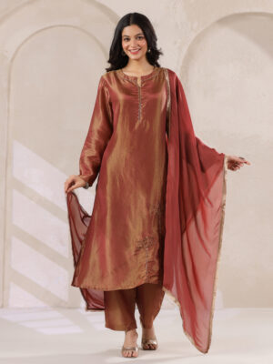 Maroon Tissue Kurta with Straight Pants and Dupatta Set for Women