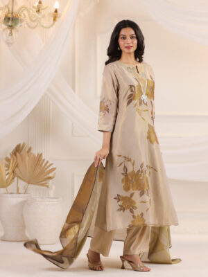 Cream V-Neck Floral Printed Tissue Kurta Set With Dupatta