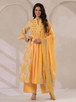 Yellow V-Neck Cotton Kurta with Floral Print and Palazzos for Women