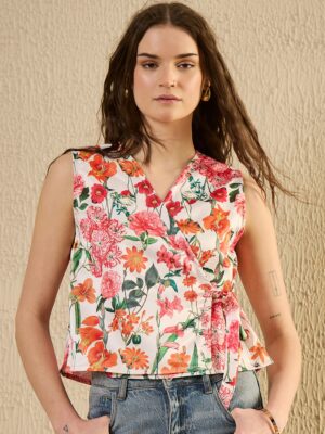 White Floral Printed Wrap Top For Women