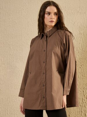 Brown Solid Shirt Collar Cotton Top For Women