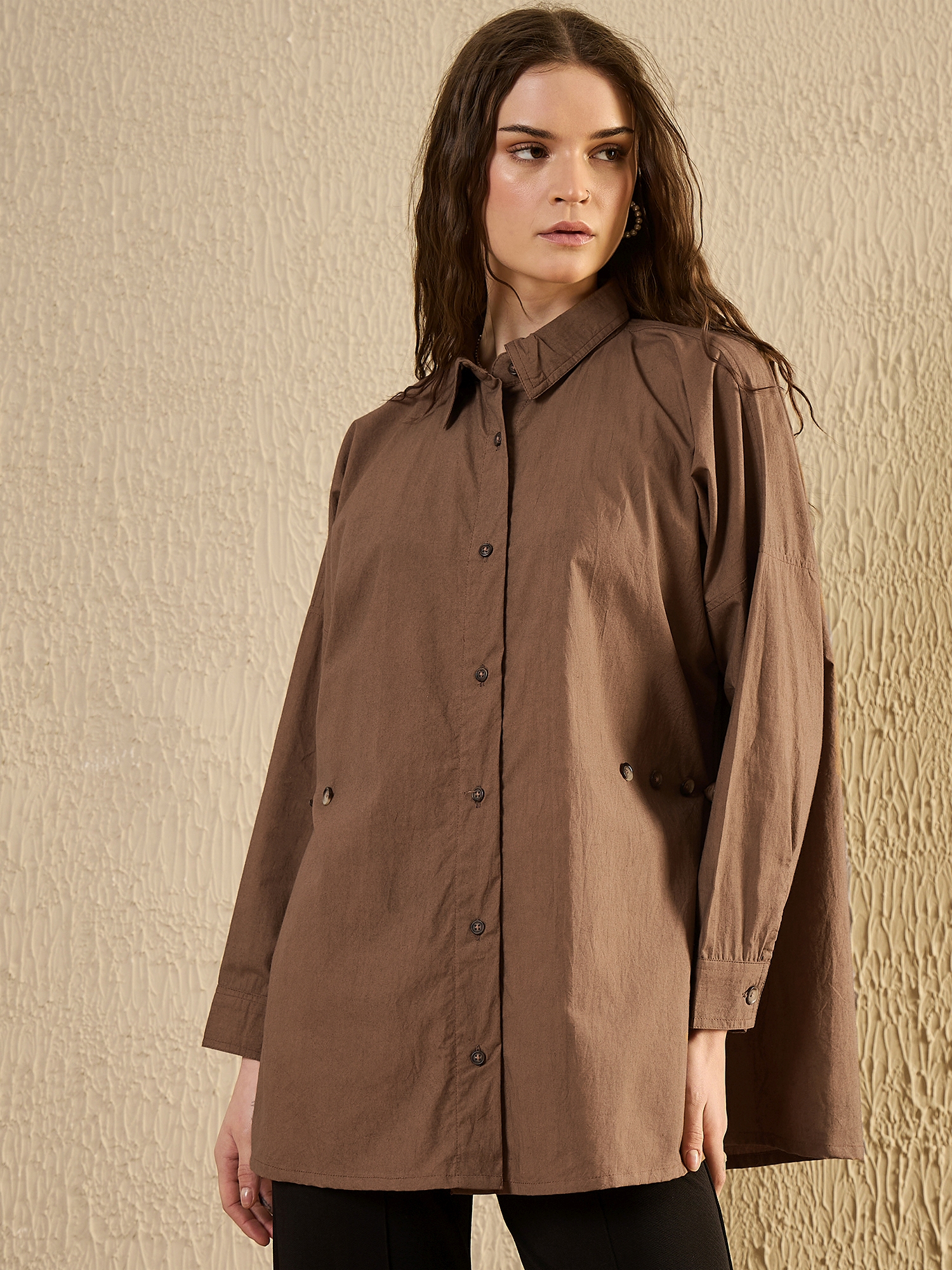 Brown Solid Shirt Collar Cotton Top For Women