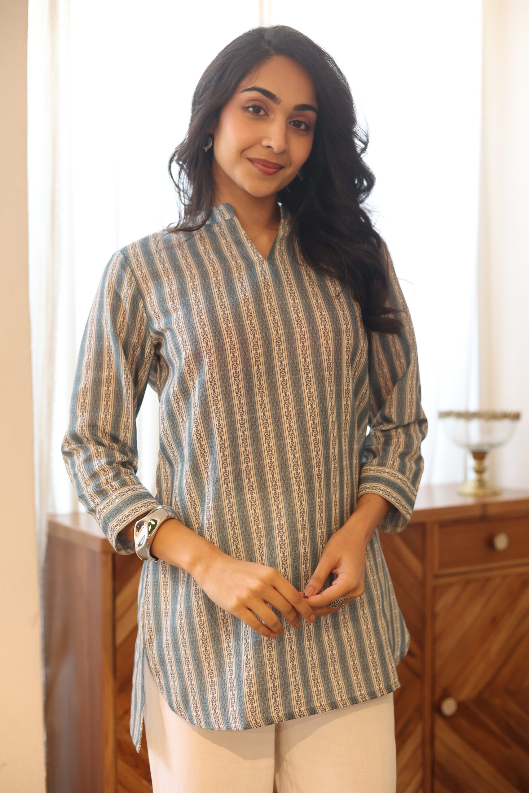 Blue Stripes Mandarin Neck Cotton Top for Women