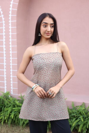 Brown Floral Shoulder Straps Cotton Top for Women