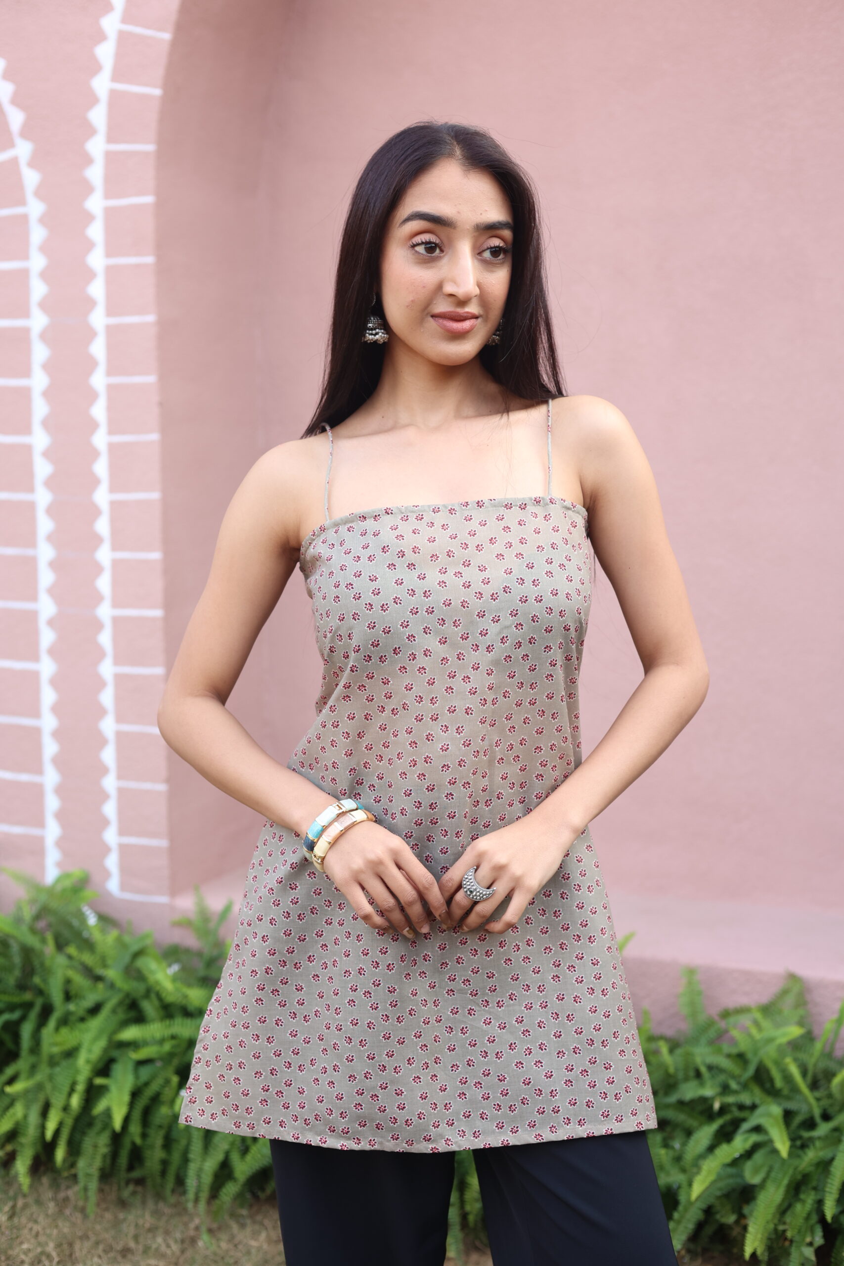 Brown Floral Shoulder Straps Cotton Top for Women
