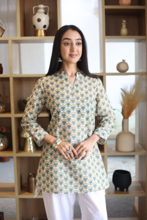 Beige Geometric Mandarin Neck Cotton Top for Women